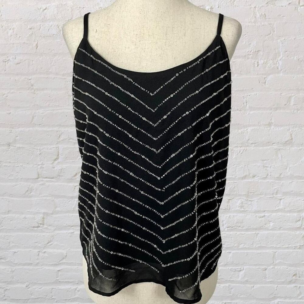 Vintage Y2K black chiffon babydoll tank rhinestone detail, womens medium